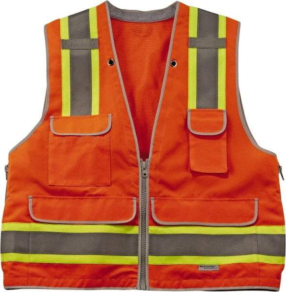 Ergodyne - Size S/M High Visibility Orange Mesh/Solid Surveyor's Vest - 36 to 44" Chest, ANSI/ISEA 107, Zipper Closure, 6 Pockets, Polyester - USA Tool & Supply