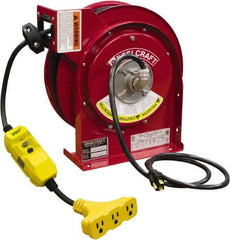 Reelcraft - 12 AWG, 45' Cable Length, Cord & Cable Reel with Triple-Tap with GFCI End - 3 Outlets, NEMA 5-15R, 15 Amps, 125 Volts, SJEOOW Cable, Red Reel, Spring Driven Reel - USA Tool & Supply