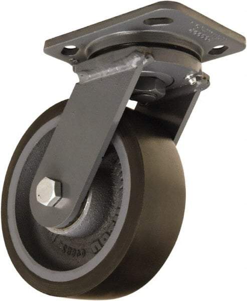 Hamilton - 6" Diam x 2" Wide x 7-1/2" OAH Top Plate Mount Swivel Caster - Polyurethane Mold onto Cast Iron Center, 1,560 Lb Capacity, Sealed Precision Ball Bearing, 4 x 5" Plate - USA Tool & Supply