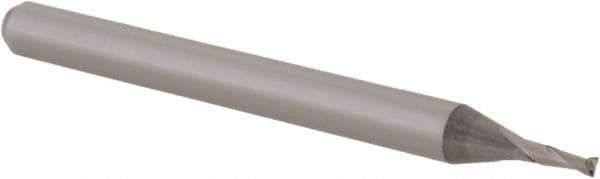 Accupro - 0.042", 0.126" LOC, 1/8" Shank Diam, 1-1/2" OAL, 2 Flute, Solid Carbide Square End Mill - Single End, Uncoated, Spiral Flute, 30° Helix, Centercutting, Right Hand Cut, Right Hand Flute, Series Miniature - USA Tool & Supply