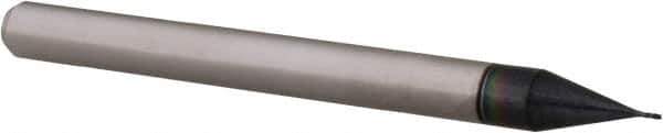 Accupro - 0.012", 0.036" LOC, 1/8" Shank Diam, 1-1/2" OAL, 4 Flute, Solid Carbide Square End Mill - Single End, AlTiN Finish, Spiral Flute, 30° Helix, Centercutting, Right Hand Cut, Right Hand Flute, Series Miniature - USA Tool & Supply