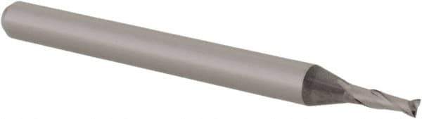 Accupro - 0.056", 0.168" LOC, 1/8" Shank Diam, 1-1/2" OAL, 2 Flute, Solid Carbide Square End Mill - Single End, Uncoated, Spiral Flute, 30° Helix, Centercutting, Right Hand Cut, Right Hand Flute, Series Miniature - USA Tool & Supply