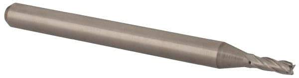 Accupro - 0.053", 0.159" LOC, 1/8" Shank Diam, 1-1/2" OAL, 4 Flute, Solid Carbide Square End Mill - Single End, Uncoated, Spiral Flute, 30° Helix, Centercutting, Right Hand Cut, Right Hand Flute, Series Miniature - USA Tool & Supply