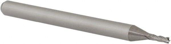 Accupro - 0.049", 0.147" LOC, 1/8" Shank Diam, 1-1/2" OAL, 4 Flute, Solid Carbide Square End Mill - Single End, Uncoated, Spiral Flute, 30° Helix, Centercutting, Right Hand Cut, Right Hand Flute, Series Miniature - USA Tool & Supply