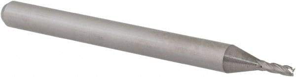 Accupro - 0.044", 0.132" LOC, 1/8" Shank Diam, 1-1/2" OAL, 4 Flute, Solid Carbide Square End Mill - Single End, Uncoated, Spiral Flute, 30° Helix, Centercutting, Right Hand Cut, Right Hand Flute, Series Miniature - USA Tool & Supply