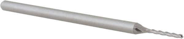 Accupro - 0.045", 3/8" LOC, 1/8" Shank Diam, 2-1/2" OAL, 3 Flute, Solid Carbide Square End Mill - Single End, Uncoated, Spiral Flute, 30° Helix, Centercutting, Right Hand Cut, Right Hand Flute, Series Miniature - USA Tool & Supply