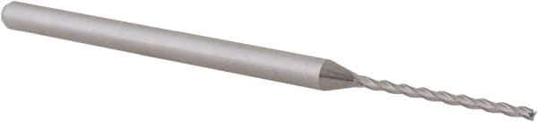 Accupro - 3/64", 0.71" LOC, 1/8" Shank Diam, 2-1/2" OAL, 3 Flute, Solid Carbide Square End Mill - Single End, Uncoated, Spiral Flute, 30° Helix, Centercutting, Right Hand Cut, Right Hand Flute, Series Miniature - USA Tool & Supply
