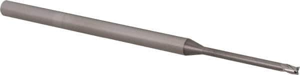Accupro - 0.06", 0.09" LOC, 1/8" Shank Diam, 2-1/2" OAL, 3 Flute, Solid Carbide Square End Mill - Single End, Uncoated, Spiral Flute, 30° Helix, Centercutting, Right Hand Cut, Right Hand Flute, Series Miniature - USA Tool & Supply