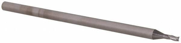 Accupro - 0.06", 0.09" LOC, 1/8" Shank Diam, 2-1/2" OAL, 3 Flute, Solid Carbide Square End Mill - Single End, Uncoated, Spiral Flute, 30° Helix, Centercutting, Right Hand Cut, Right Hand Flute, Series Miniature - USA Tool & Supply
