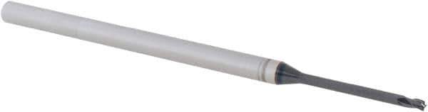 Accupro - 0.055", 0.082" LOC, 1/8" Shank Diam, 2-1/2" OAL, 3 Flute, Solid Carbide Square End Mill - Single End, AlTiN Finish, Spiral Flute, 30° Helix, Centercutting, Right Hand Cut, Right Hand Flute, Series Miniature - USA Tool & Supply