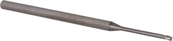 Accupro - 0.055", 0.082" LOC, 1/8" Shank Diam, 2-1/2" OAL, 3 Flute, Solid Carbide Square End Mill - Single End, Uncoated, Spiral Flute, 30° Helix, Centercutting, Right Hand Cut, Right Hand Flute, Series Miniature - USA Tool & Supply