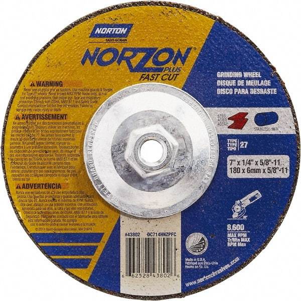 Norton - 7" Wheel Diam, 1/4" Wheel Thickness, Type 27 Depressed Center Wheel - Ceramic, Resinoid Bond, 8,600 Max RPM - USA Tool & Supply
