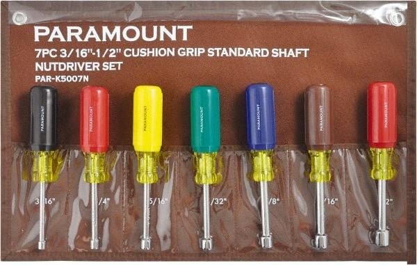 Paramount - 7 Piece 3/16 to 1/2" Nutdriver Set - Hollow Shaft, Ergonomic Handle - USA Tool & Supply