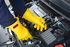 Ansell - Class 0, Size 8, 11" Long, Rubber Lineman's Glove - 5,000 AC Max Use Voltage, 1,000 AC Test Voltage, Yellow, ASTM D120 - USA Tool & Supply