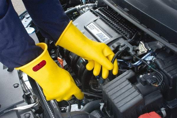 Ansell - Class 0, Size 9, 14" Long, Rubber Lineman's Glove - 5,000 AC Max Use Voltage, 1,000 AC Test Voltage, Yellow, ASTM D120 - USA Tool & Supply
