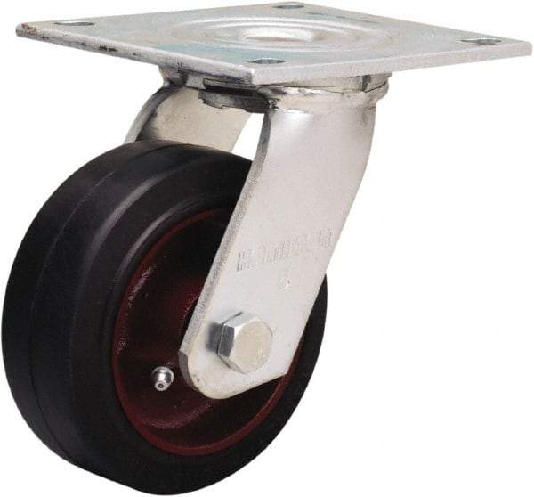 Hamilton - 5" Diam x 2" Wide x 6-1/2" OAH Top Plate Mount Swivel Caster - Rubber Mold on Cast Iron, 350 Lb Capacity, Straight Roller Bearing, 5 x 5-1/2" Plate - USA Tool & Supply