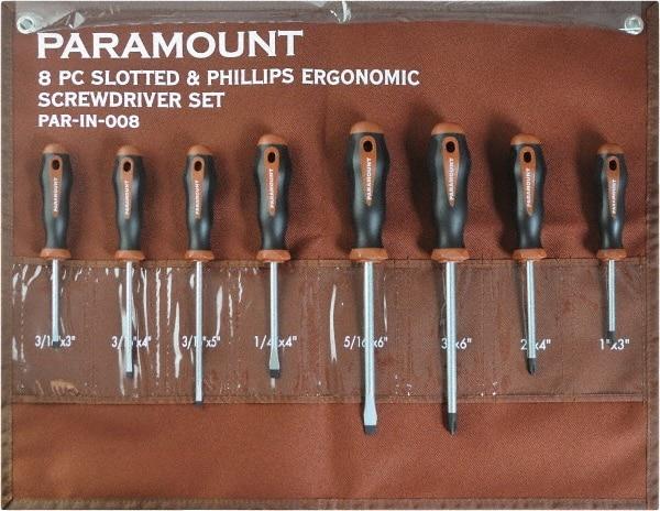 Paramount - 8 Piece Slotted, Phillips & Cabinet Screwdriver Set - Blade Sizes: Width 3/16, 1/4 & 5/16, Bit Sizes: Philips #0 to #3 - USA Tool & Supply
