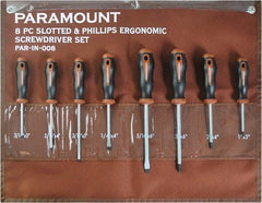 Paramount - 8 Piece Slotted, Phillips & Cabinet Screwdriver Set - Blade Sizes: Width 3/16, 1/4 & 5/16, Bit Sizes: Philips #0 to #3 - USA Tool & Supply