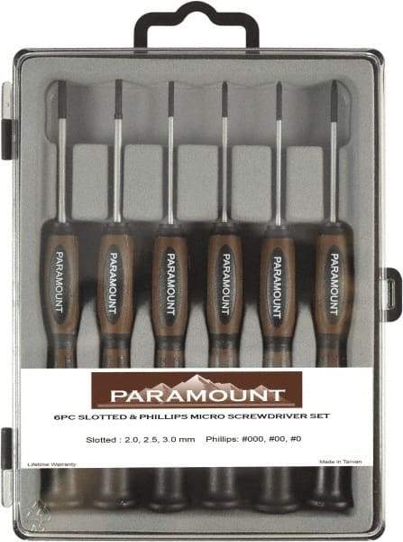 Paramount - 6 Piece Phillips & Slotted Screwdriver Set - Bit Sizes: Philips #000 to #0 - USA Tool & Supply