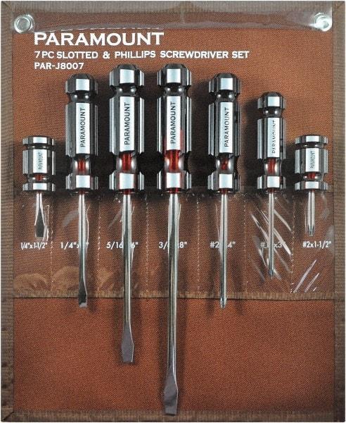 Paramount - 7 Piece Slotted, Phillips & Stubby Screwdriver Set - Blade Sizes: Width 1/4, 5/16 & 3/8, Bit Sizes: Philips #1 & #2 - USA Tool & Supply