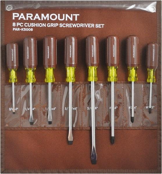 Paramount - 8 Piece Phillips & Slotted Screwdriver Set - Bit Sizes: Philips #1 to #3 - USA Tool & Supply