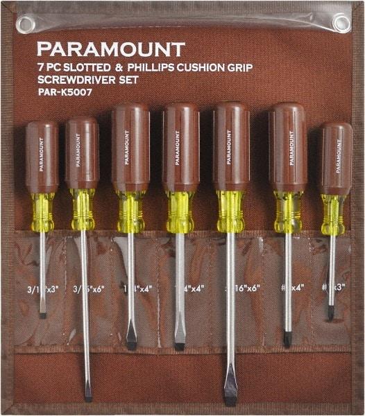 Paramount - 7 Piece Phillips & Slotted Screwdriver Set - Bit Sizes: Philips #0 to #4 - USA Tool & Supply