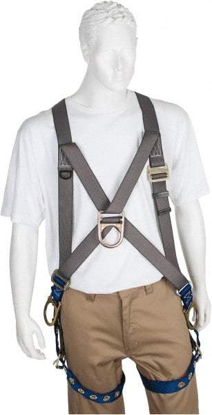 PRO-SAFE - 350 Lb Capacity, Size Universal, Full Body Cross-Over Safety Harness - Polyester, Front D-Ring, Side D-Ring, Tongue Buckle Leg Strap, Pass-Thru Chest Strap, Gray/Blue - USA Tool & Supply