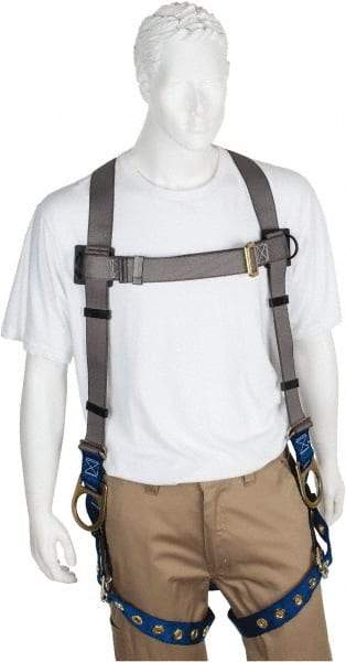 PRO-SAFE - 350 Lb Capacity, Size Universal, Full Body Back D-Ring Safety Harness - Polyester, Side D-Ring, Tongue Buckle Leg Strap, Pass-Thru Chest Strap, Gray/Blue - USA Tool & Supply