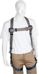 PRO-SAFE - 350 Lb Capacity, Size XL, Full Body Premium Tongue Buckle Safety Harness - Polyester, Tongue Buckle Leg Strap, Pass-Thru Chest Strap, Gray/Blue - USA Tool & Supply