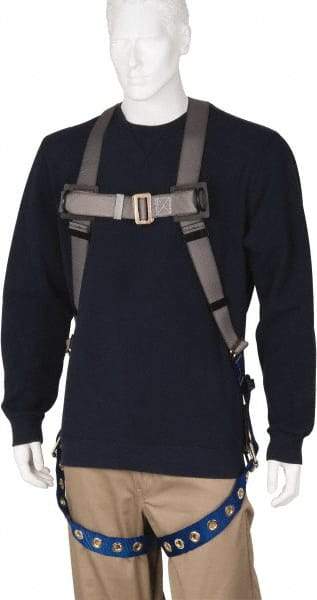 PRO-SAFE - 350 Lb Capacity, Size Universal, Full Body Premium Tongue Buckle Safety Harness - Polyester, Tongue Buckle Leg Strap, Pass-Thru Chest Strap, Gray/Blue - USA Tool & Supply