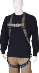 PRO-SAFE - 350 Lb Capacity, Size Universal, Full Body Premium Tongue Buckle Safety Harness - Polyester, Tongue Buckle Leg Strap, Pass-Thru Chest Strap, Gray/Blue - USA Tool & Supply