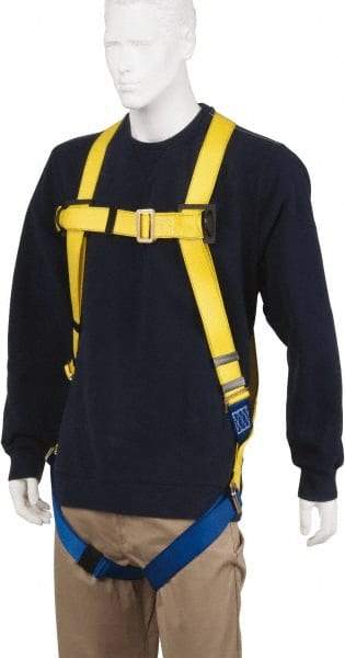 PRO-SAFE - 310 Lb Capacity, Size Universal, Full Body Lightweight Safety Harness - Polyester, Pass-Thru Leg Strap, Pass-Thru Chest Strap, Yellow/Blue - USA Tool & Supply