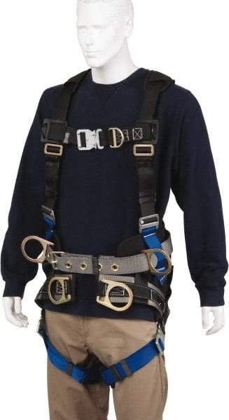 PRO-SAFE - 350 Lb Capacity, Size XL, Full Body Tower Climbers Safety Harness - Polyester, Front D-Ring, Side D-Ring, Quick Connect Leg Strap, Quick Connect Chest Strap, Black/Blue - USA Tool & Supply