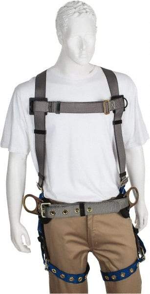 PRO-SAFE - 350 Lb Capacity, Size XL, Full Body Construction Safety Harness - Polyester, Side D-Ring, Tongue Buckle Leg Strap, Pass-Thru Chest Strap, Gray/Blue - USA Tool & Supply