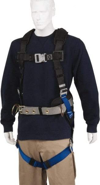 PRO-SAFE - 350 Lb Capacity, Size Universal, Full Body Construction Safety Harness - Polyester, Side D-Ring, Quick Connect Leg Strap, Quick Connect Chest Strap, Black/Blue - USA Tool & Supply