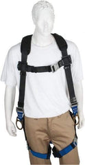 PRO-SAFE - 350 Lb Capacity, Size XXL, Full Body Padded Back D-Ring Safety Harness - Polyester, Side D-Ring, Quick Connect Leg Strap, Quick Connect Chest Strap, Black/Blue - USA Tool & Supply