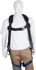 PRO-SAFE - 350 Lb Capacity, Size XL, Full Body Padded Back D-Ring Safety Harness - Polyester, Side D-Ring, Quick Connect Leg Strap, Quick Connect Chest Strap, Black/Blue - USA Tool & Supply