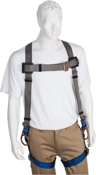 PRO-SAFE - 350 Lb Capacity, Size XL, Full Body Back D-Ring Safety Harness - Polyester, Side D-Ring, Pass-Thru Leg Strap, Pass-Thru Chest Strap, Gray/Blue - USA Tool & Supply