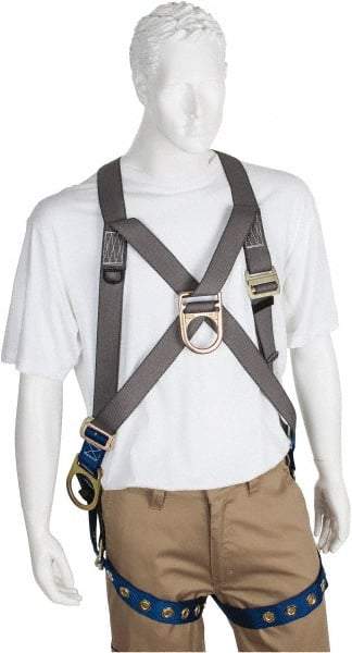 PRO-SAFE - 350 Lb Capacity, Size XXL, Full Body Cross-Over Safety Harness - Polyester, Front D-Ring, Side D-Ring, Tongue Buckle Leg Strap, Pass-Thru Chest Strap, Gray/Blue - USA Tool & Supply