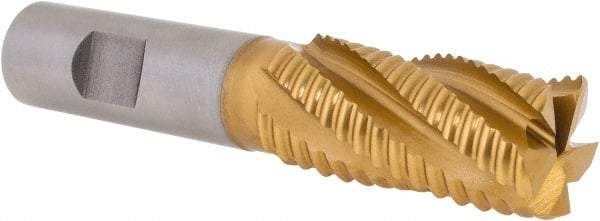 Hertel - 7/8" Diam, Coarse Pitch, 1-7/8" LOC, 5 Flute Cobalt Roughing Square End Mill - TiN Finish, 4-1/8" OAL, 3/4" Shank Diam, Single End, Centercutting, 30° Helix - USA Tool & Supply
