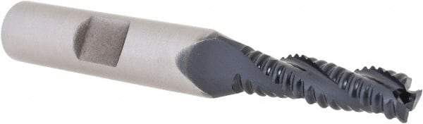 Hertel - 1/4" Diam, Coarse Pitch, 7/8" LOC, 3 Flute Cobalt Roughing Square End Mill - TiAlN Finish, 2-11/16" OAL, 3/8" Shank Diam, Single End, 30° Helix - USA Tool & Supply