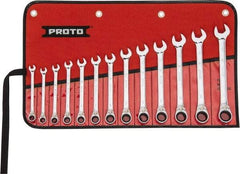 Proto - 13 Piece, 7mm to 19mm, 12 Point Reversible Ratcheting Combination Wrench Set - Metric Measurement Standard, Full Polish Chrome Finish, Comes in Tool Roll - USA Tool & Supply