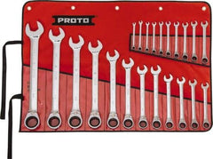 Proto - 22 Piece, 6mm to 36mm, 12 Point Reversible Ratcheting Combination Wrench Set - Metric Measurement Standard, Full Polish Chrome Finish, Comes in Tool Roll - USA Tool & Supply