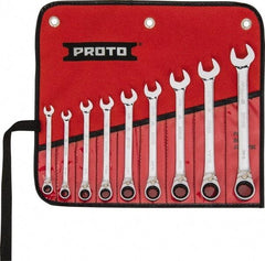 Proto - 9 Piece, 9/32" to 3/4", 12 Point Reversible Ratcheting Combination Wrench Set - Inch Measurement Standard, Full Polish Chrome Finish, Comes in Tool Roll - USA Tool & Supply