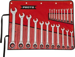 Proto - 20 Piece, 7/32" to 1-1/2", 12 Point Reversible Ratcheting Combination Wrench Set - Inch Measurement Standard, Full Polish Chrome Finish, Comes in Tool Roll - USA Tool & Supply