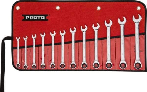 Proto - 12 Piece, 8mm to 19mm, 12 Point Ratcheting Combination Wrench Set - Metric Measurement Standard, Full Polish Chrome Finish, Comes in Tool Roll - USA Tool & Supply