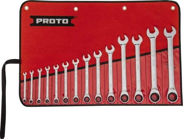 Proto - 14 Piece, 1/4" to 1", 12 Point Ratcheting Combination Wrench Set - Inch Measurement Standard, Full Polish Chrome Finish, Comes in Tool Roll - USA Tool & Supply