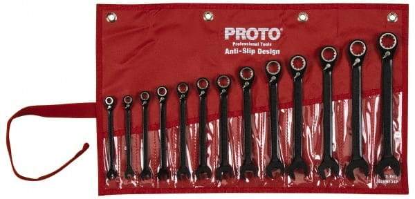 Proto - 13 Piece, 7mm to 19mm, 12 Point Short Ratcheting Reversible Combination Spline Wrench Set - Metric Measurement Standard, Black/Chrome Finish, Comes in Tool Roll - USA Tool & Supply