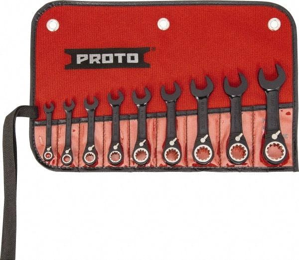 Proto - 9 Piece, 1/4" to 3/4", 12 Point Short Ratcheting Reversible Combination Spline Wrench Set - Inch Measurement Standard, Black/Chrome Finish, Comes in Tool Roll - USA Tool & Supply