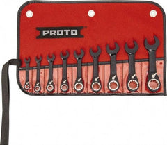 Proto - 9 Piece, 1/4" to 3/4", 12 Point Short Ratcheting Reversible Combination Spline Wrench Set - Inch Measurement Standard, Black/Chrome Finish, Comes in Tool Roll - USA Tool & Supply